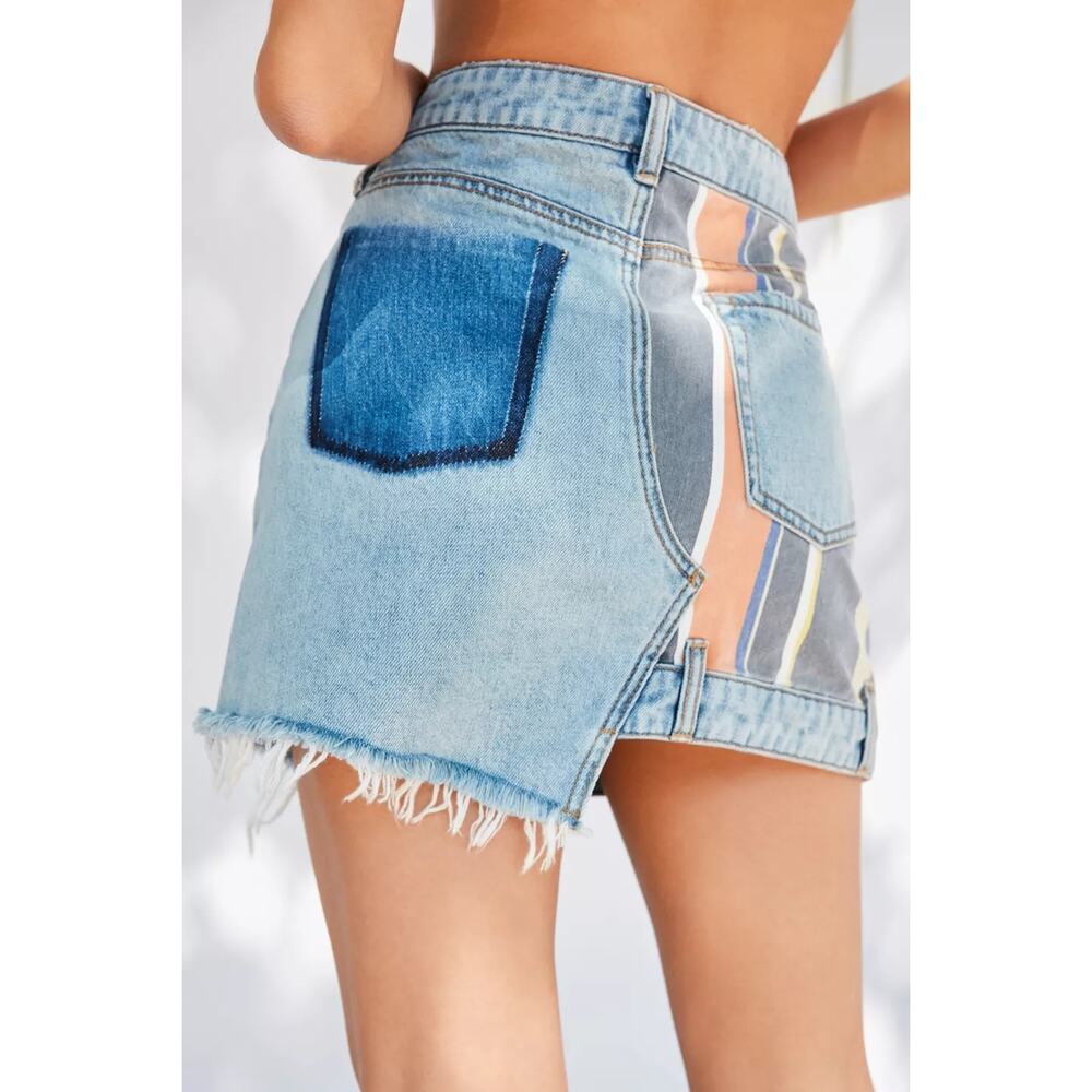 BDG Skirt Striped Patchwork Denim Asymmetrical Floral Boho Festival Blue Size M - Picture 3 of 14